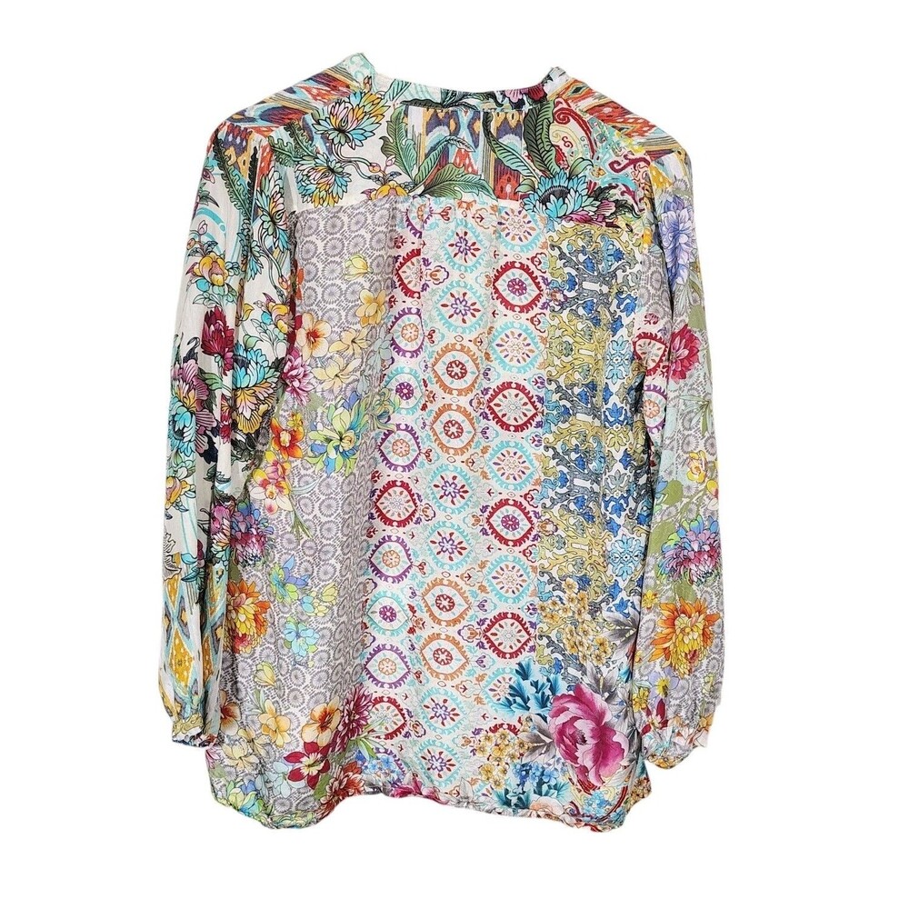 Johnny Was Womens Boho Silk Blouse Size S Floral Patchwork Peasant Art To Wear - Picture 2 of 10